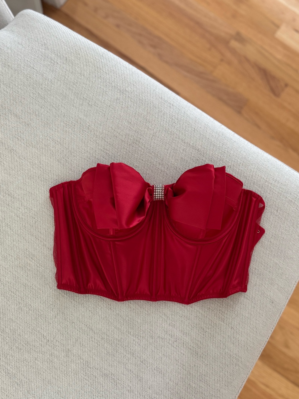 Victoria's Secret Red Satin Strapless Bustier with Bow and Rhinestone